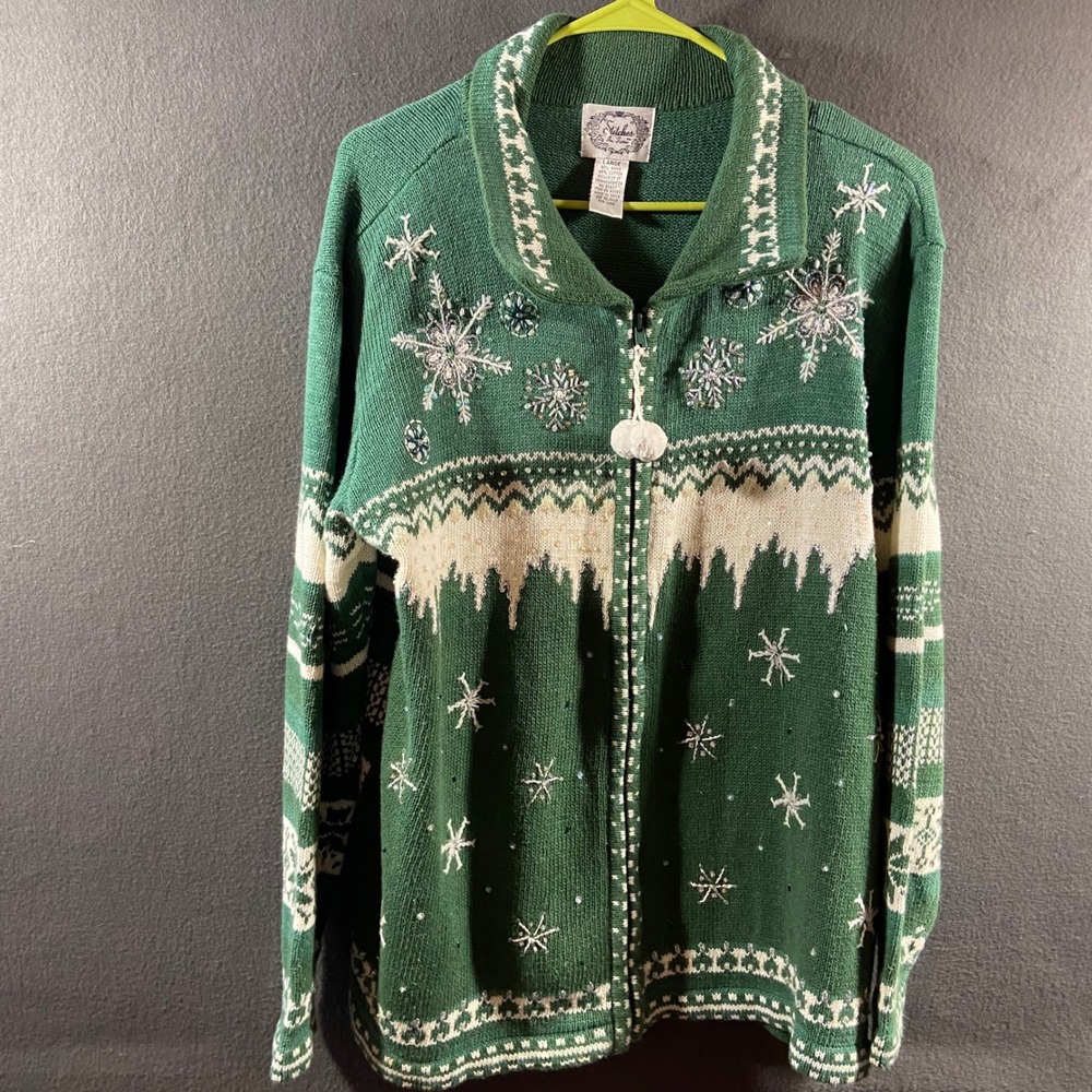 vtg ugly christmas Sweater 3d sequin Ramie snowflakes fair isle knit holiday